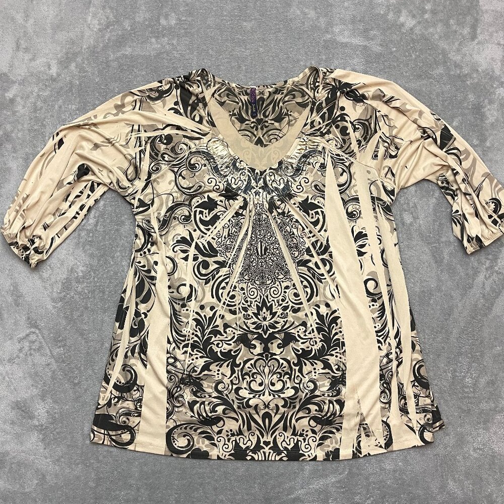 Judith Womens Size 2X Beige Black V-Neck 3/4 Sleeve Tunic